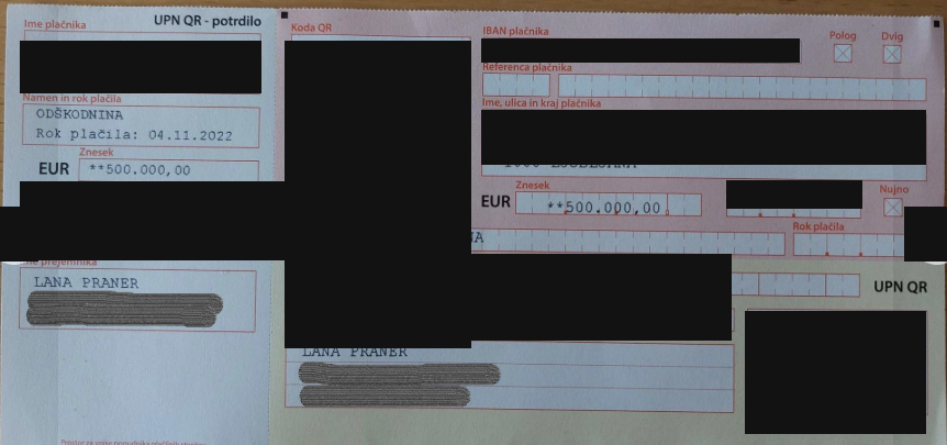 Redacted UPN QR payment slip showing a 500,000 EUR compensation demand to Lana Praner, with payer details, bank identifiers, and QR data removed.